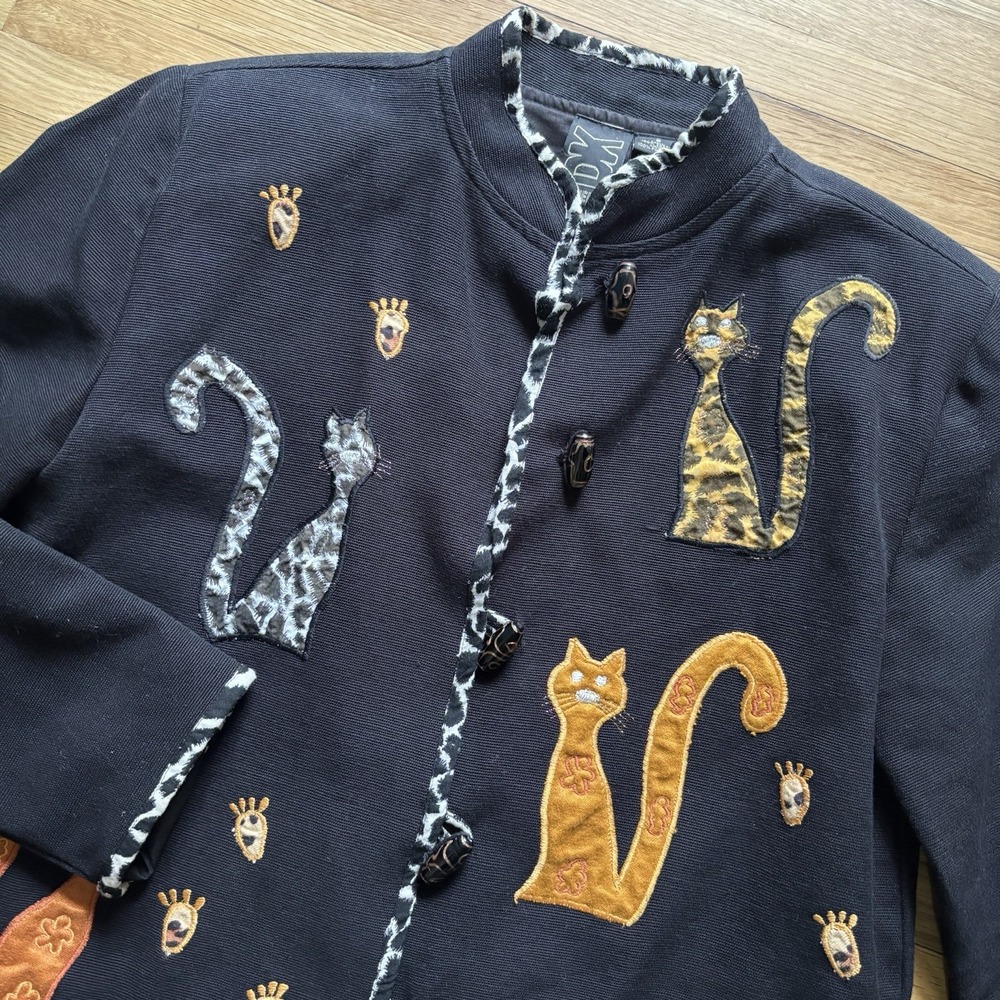 Vtg 90's Cat Blazer Jacket Small Grandmacore Kitty Cat Lover Daniel K NY Black